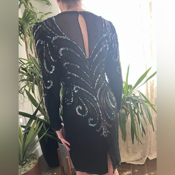 Formalblack mesh sequin beaded silk mini dress with long sleeve holiday sparkle - Picture 7 of 16